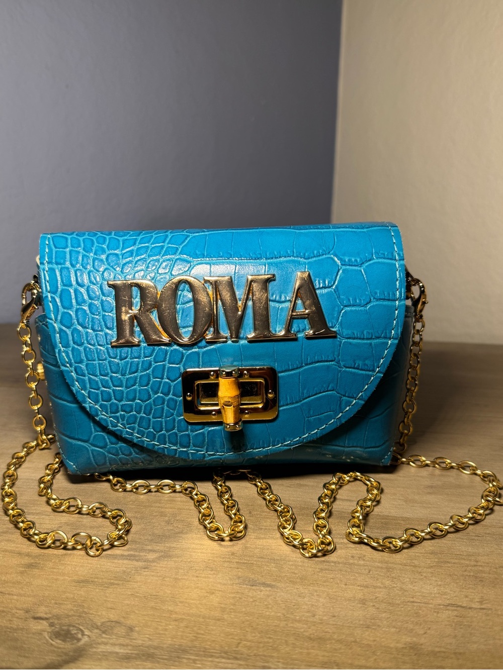 Soldati Milano Roma Blue Leather Crossbody Italy Croc Embossed Bag